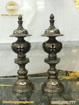 ĐÈN ĐỒNG ĐỎ CAO 70CM KHẢM NGŨ SẮC