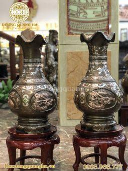 ĐÔI LỌ HOA TỨ LINH ĐỒNG ĐỎ KHẢM TAM KHÍ CAO 90CM