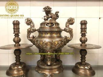 BỘ TAM SỰ CAO 60CM ĐỒNG ĐỎ KHẢM NGŨ SẮC