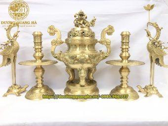 BỘ NGŨ SỰ ĐỒNG VÀNG MẠ MỘC RỒNG NỔI CAO 60CM