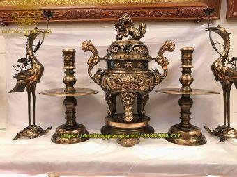 BỘ NGŨ SỰ ĐỒNG ĐỎ CẠO MÀU ĐÚC RỒNG NỔI CAO 70CM