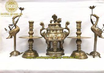 BỘ NGŨ SỰ ĐỒNG ĐỎ KHẢM TAM KHÍ RỒNG CAO 60CM