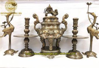 BỘ NGŨ SỰ ĐỒNG ĐỎ KHẢM TAM KHÍ CAO 60CM