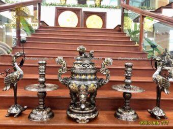 BỘ NGŨ SỰ ĐỒNG ĐỎ KHẢM NGŨ SẮC CAO 70CM