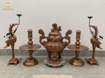 BỘ ĐỈNH ĐỒNG NGŨ SỰ BẰNG ĐỒNG ĐỎ GIẢ CỔ