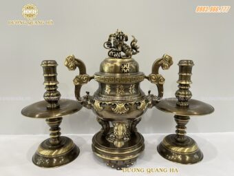 Bộ Tam Sự cao 45cm bằng chất liệu đồng vàng hun hoa văn sòi