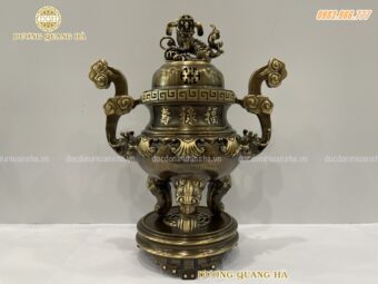 Đỉnh đồng thờ cúng cao 45cm hoa sòi chất liệu đồng vàng hun