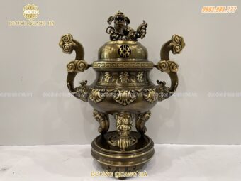 Đỉnh đồng hoa sòi cao 50cm chất liệu bằng đồng vàng hun 2 màu