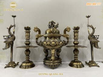 Bộ ngũ sự cao 70cm hoa sòi bằng đồng vàng hun