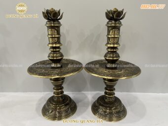 Đôi chân nến thờ đồng vàng cao 70cm chạm rồng phượng