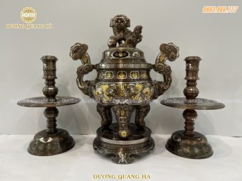 Bộ tam sự đỉnh nến cao 45cm chất liệu đồng đỏ khảm ngũ sắc cao cấp