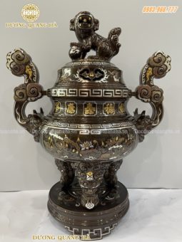 Đỉnh đồng thờ cúng khảm sen cao 60cm đồng đỏ khảm ngũ sắc