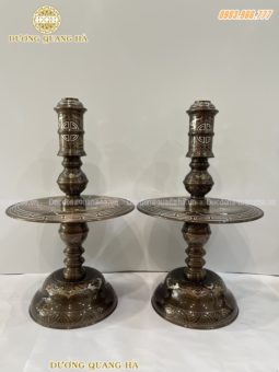 Đôi chân nến khảm tứ linh bằng đồng đỏ khảm ngũ sắc