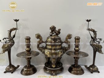 Bộ ngũ sự cao 60cm đồng đỏ khảm ngũ sắc khảm kỹ sắc nét, nhiều vàng