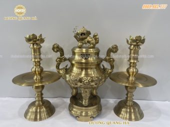 Bộ tam sự cao đỉnh nến cao 50cm rồng nổi đồng vàng cattut