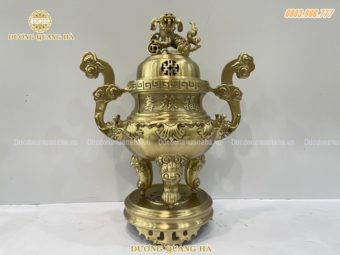 Đỉnh đồng thờ cúng cao 45cm chất liệu đồng vàng hoa văn sòi