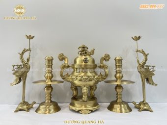 Bộ ngũ sự thờ cúng gia tiên cao 50cm bằng đồng vàng