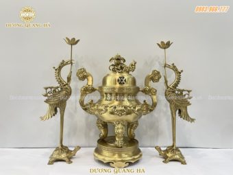 Bộ tam sự Đỉnh hạc cao 50cm bằng đồng vàng