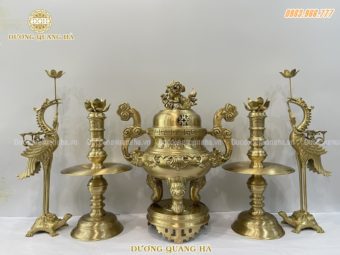 Bộ ngũ sự cao 60 hoa sòi bằng đồng vàng trơn
