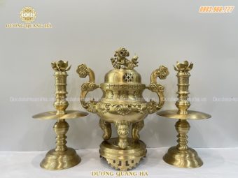 Bộ tam sự đỉnh + nến trơn cao 60cm hoa sòi