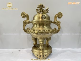 Đỉnh đồng thờ cúng cao 60cm hoa sòi chất liệu đồng vàng mộc