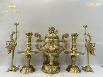 Bộ ngũ sự đồng vàng trơn cao 60cm song long chầu nguyệt