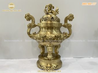 Đỉnh đồng thờ cúng hoa văn rồng chầu mặt nguyệt cao 60cm bằng đồng vàng cao cấp