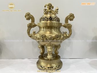 Đỉnh đồng thờ cúng cao 70cm hoa văn rồng nổi bằng đồng vàng bền đẹp