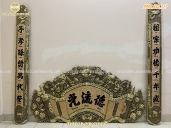 Bộ hoành phi câu đối kích thước 1m76 màu giả cổ bằng đồng vàng nhập khẩu nguyên tấm