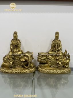 Tượng Văn Thù – Phổ Hiền Bồ Tát chất liệu đồng vàng sắc nét