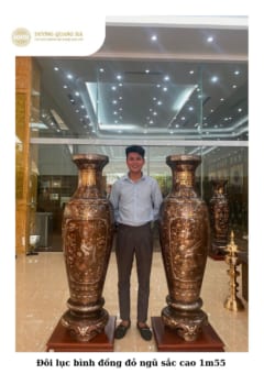 Đôi Lộc Bình Đồng Đỏ Khảm Ngũ Sắc Cao 1m55