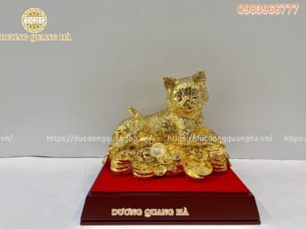 Tượng mèo nằm tiền bằng đồng mạ vàng