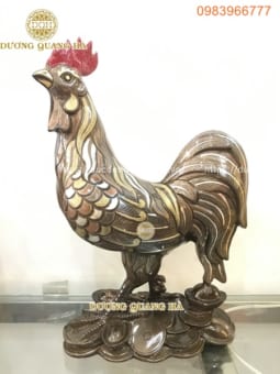 Tượng gà trống  đúc đồng đỏ khảm ngũ sắc cao cấp