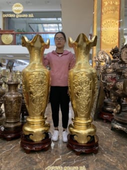 Lộc Bình Đồng Đỏ Cao 1m27 Dát Vàng 9999