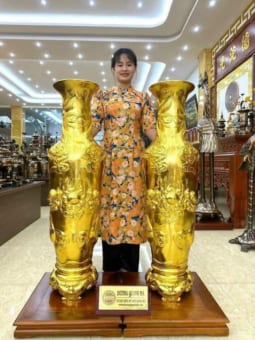 Lộc Bình Rồng Phượng Đồng Đỏ Dát Vàng 9999